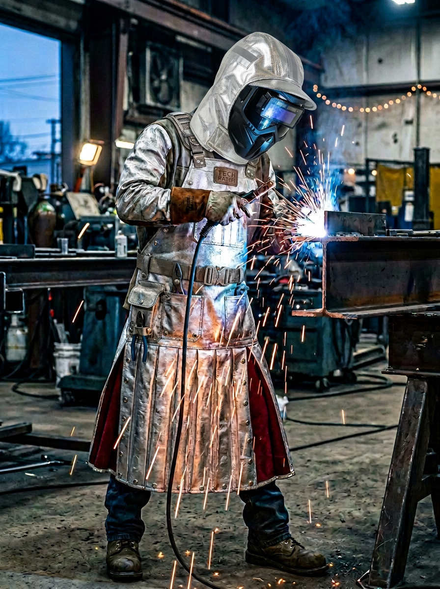 A welder in a silver protective suit and helmet sparks flying in an industrial workshop setting.