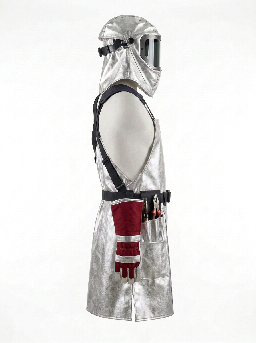A silver Aluminized Kevlar protective apron with a hooded face mask, black straps, a black utility belt, and a red-and-white glove hanging from the side, displayed on a white mannequin against a plain white background.