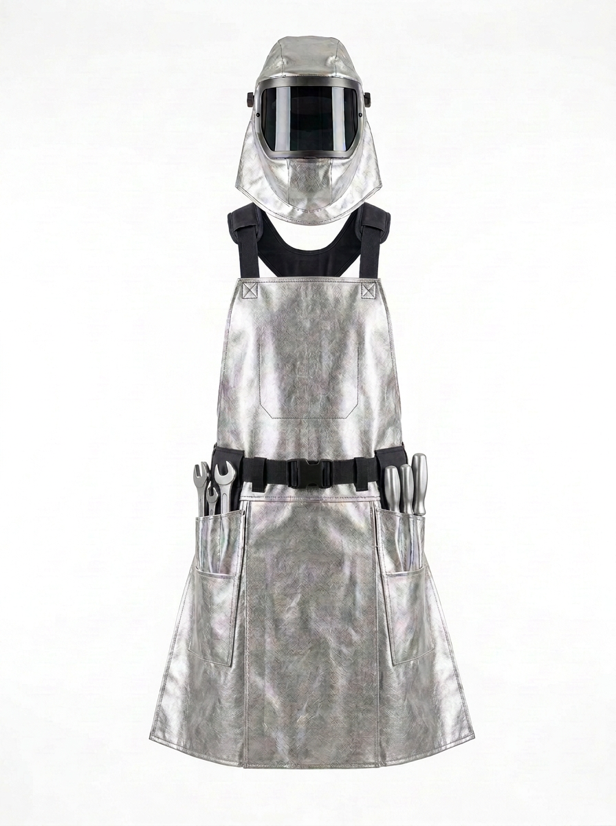 A silver metallic protective apron with black straps and waist belt, shown with a matching silver welding helmet on a plain white background.