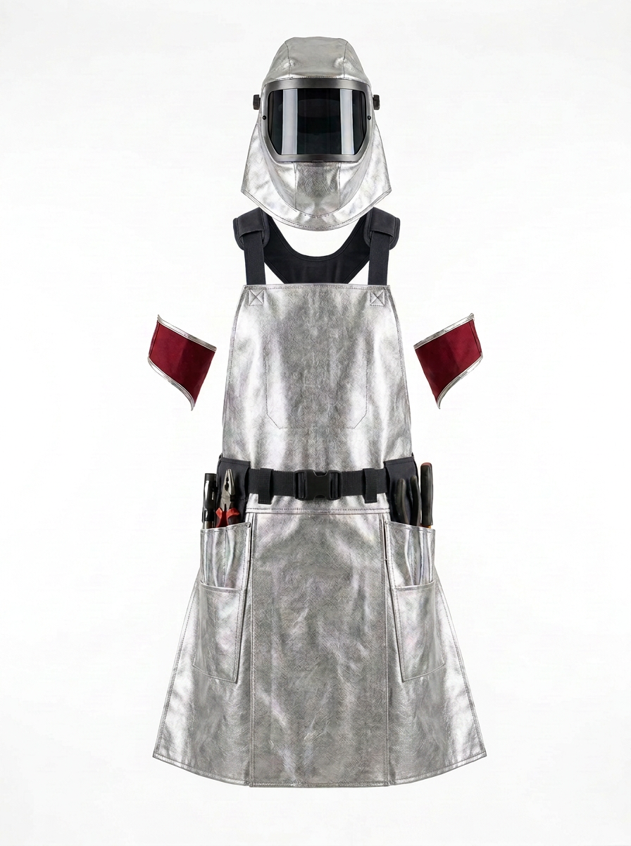 A silver welding apron costume set displayed on a white background, including a hooded face mask, a metallic apron with black straps and belt, and two red sleeve pieces.