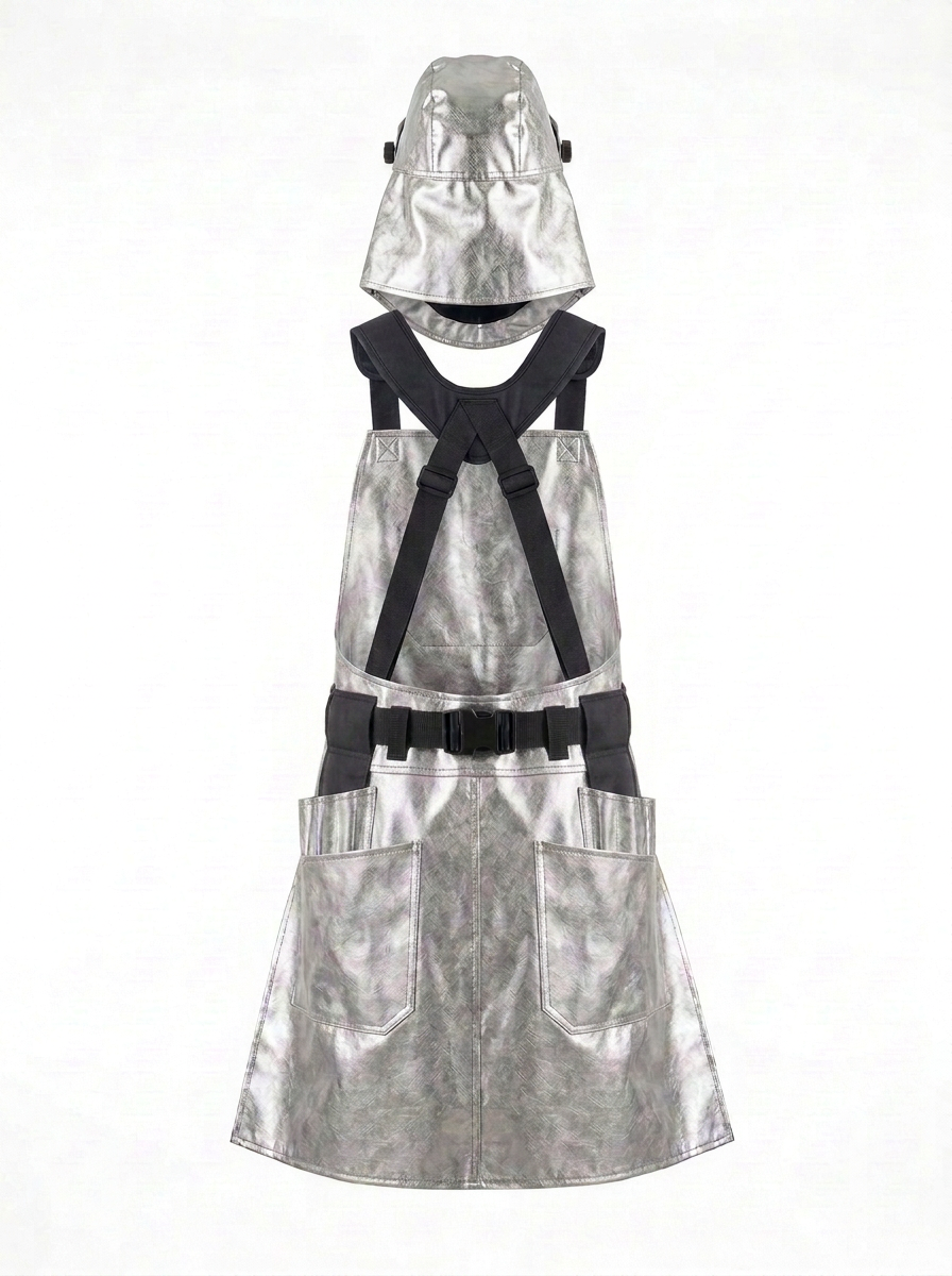 A silver Aluminized Kevlar rear view of apron kilt with black harness straps, a matching silver hood, and a black waist belt, displayed against a plain white background.