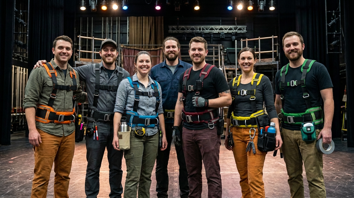 Seven people wearing The Ravin work harnesses and safety gear stand together on a stage set with lighting rigs and scaffolding in the background.