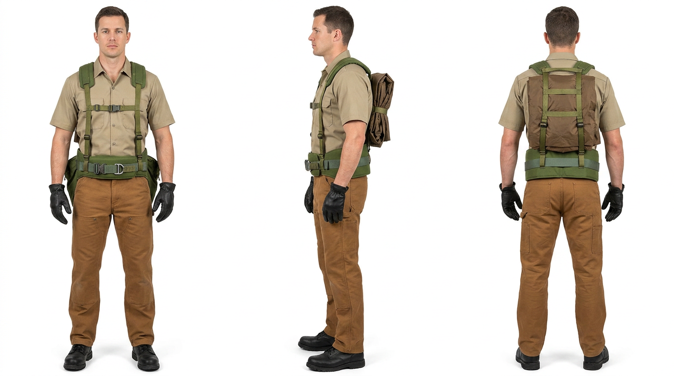 The Ravin Load‑Bearing Backbrace Harness combines a heavy‑duty padded back brace belt with a fully integrated H‑harness suspender system