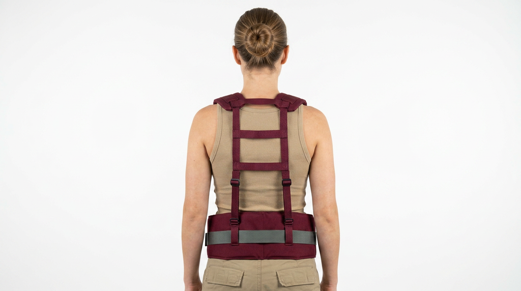 The Ravin Load‑Bearing Backbrace Harness combines a heavy‑duty padded back brace belt with a fully integrated H‑harness suspender system