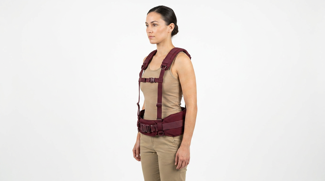 The Ravin Load‑Bearing Backbrace Harness combines a heavy‑duty padded back brace belt with a fully integrated H‑harness suspender system