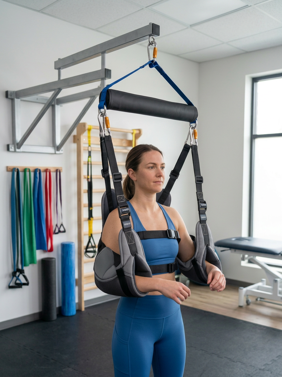 A woman in a blue athletic outfit stands in a fitness room using a body support harness suspended from a ceiling mount. The harness has padded shoulder and hip supports with black straps and gray side panels.