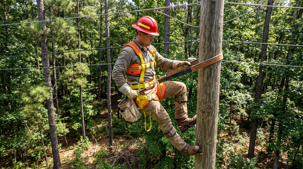 A utility worker in a red hard hat and high-visibility safety harness climbs a wooden utility pole in a dense forest, holding a chainsaw.