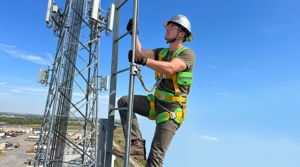 A communications worker in a tower safety harness and hard hat climbs a metal ladder on a tall telecommunications tower under a clear blue sky.