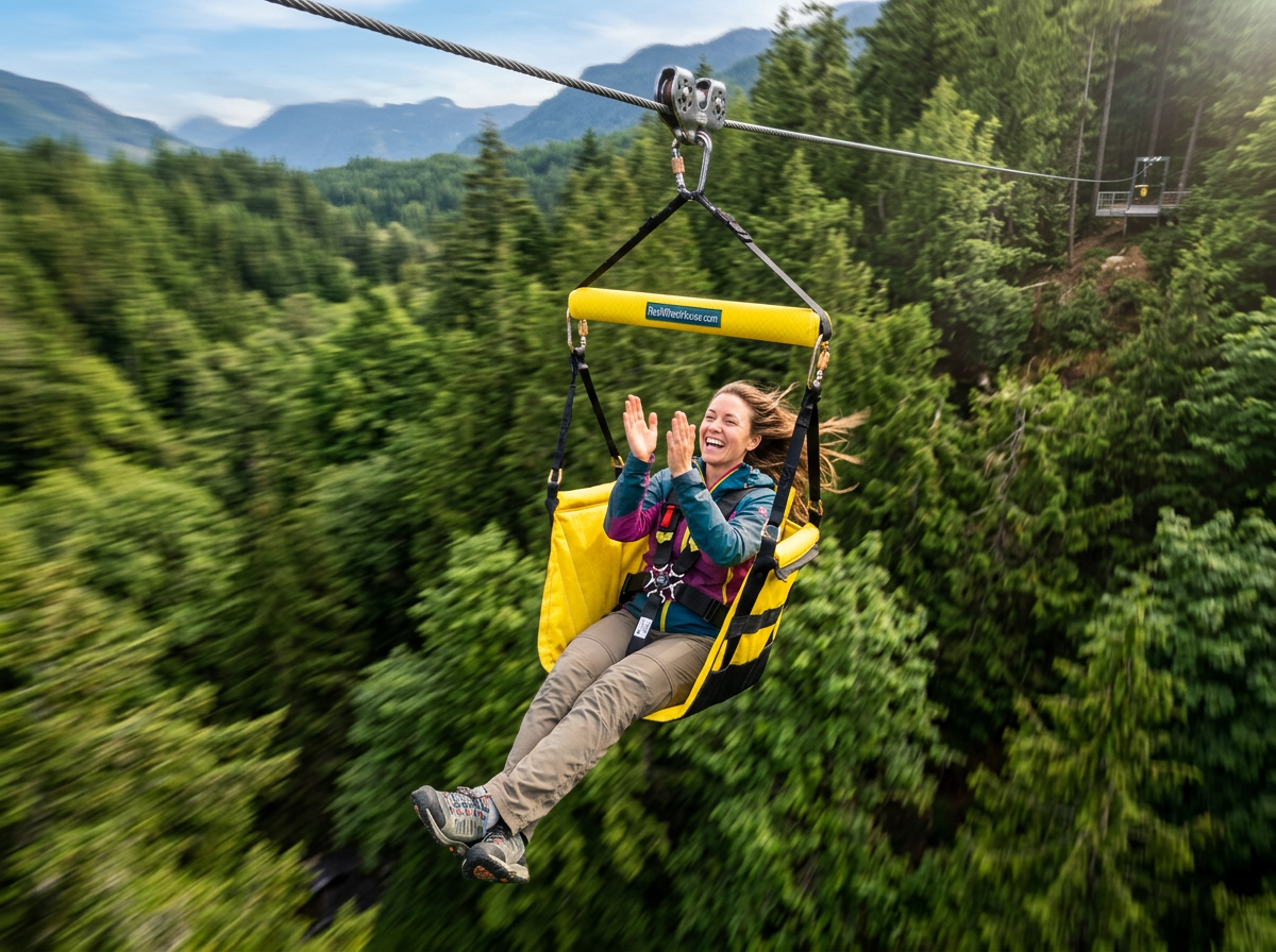 A woman smiling while ziplining over a dense green forest with mountains in the background, seated in a bright yellow safety harness suspended from a cable.