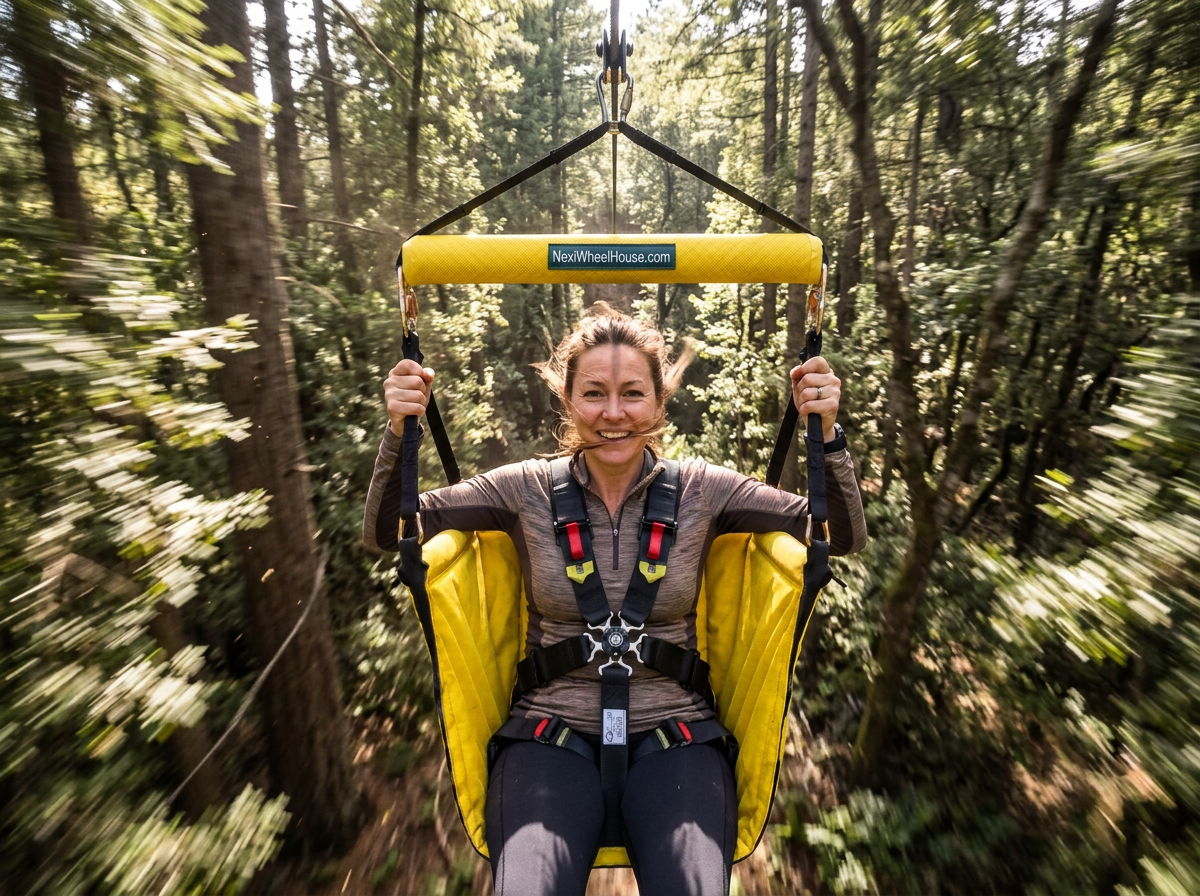 A woman smiling while riding a zip line suspended in a forest, seated in a yellow harness with a visible 'NewMeWindsCo.com' label on the bar above her.