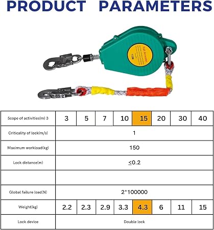 49ft Self Retracting Lifeline, 330lbs Retractable Fall Arrester, Fall Protection Lanyard, Double Lock Safety Harness for Construction, Dual Swivels, Flame Retardant Steel Wire